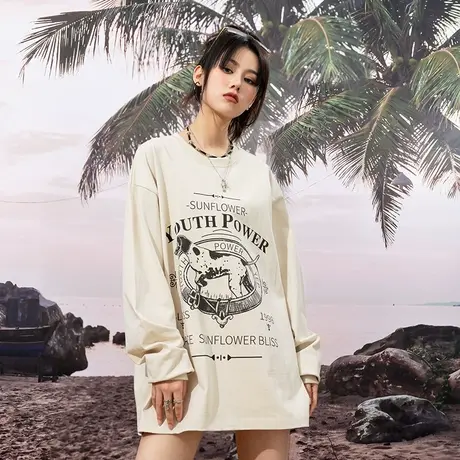 YEP美式复古长袖t恤女宽松bf慵懒风纯棉中长款秋季ins潮牌上衣bf商品大图
