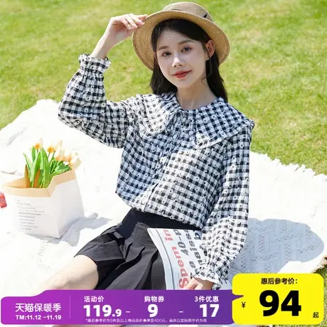 唐狮2023春季新款黑白格长袖衬衫女娃娃领花边设计感衬衣别致法式图片