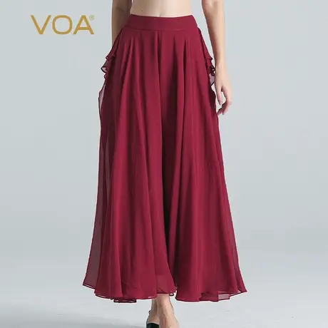 VOA酒红色双层乔其桑蚕丝自然腰荷叶花边装饰个性真丝长款裙裤商品大图