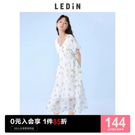乐町V领印花连衣裙碎花欧根纱休闲春夏女收腰白泡泡袖长裙子图片
