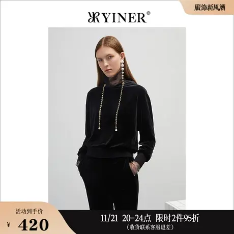 YINER音儿女装春季时尚灯芯绒金属抽绳连帽卫衣商品大图