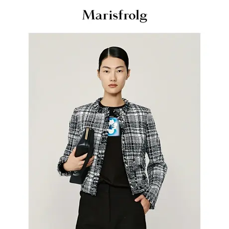 【优雅香风】玛丝菲尔时尚气质经典黑白编织短款小香风花呢外套女图片