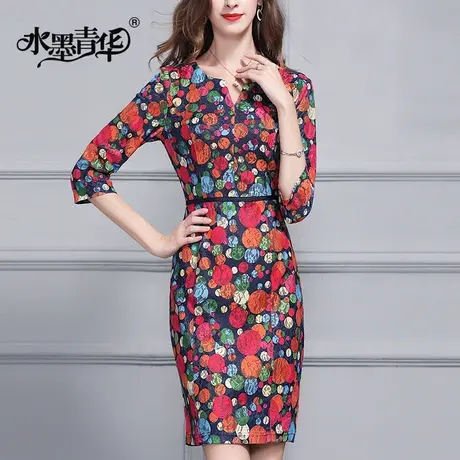 春新品时尚小V领修身显瘦七分袖绣花蕾丝连衣裙图片