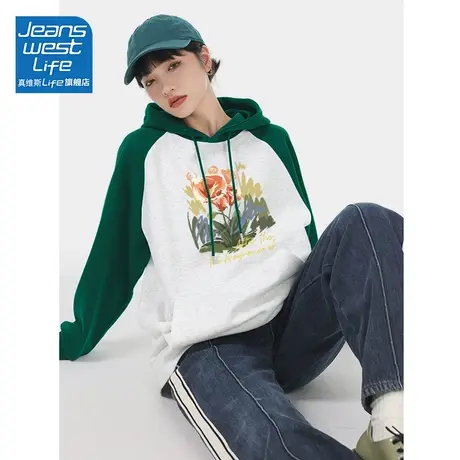 真维斯LIFE撞色连帽卫衣女2023新款爆款秋季美式插肩袖大码女装C商品大图