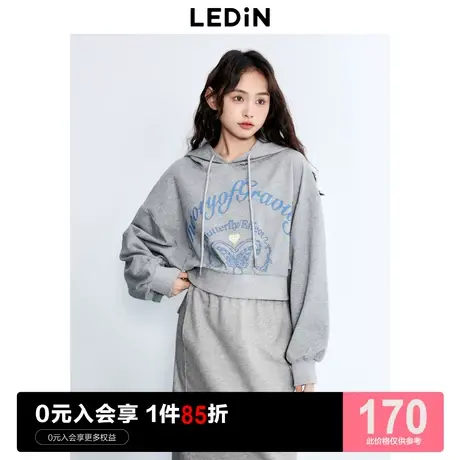 乐町印花连帽宽松短上衣舒适连帽衫2023年秋季新品蝙蝠袖短卫衣图片