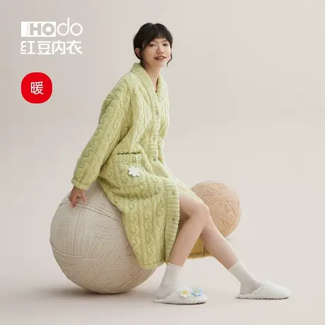 红豆珊瑚绒睡袍女冬季保暖居家加厚加绒开襟浴袍长款睡衣家居服女商品大图