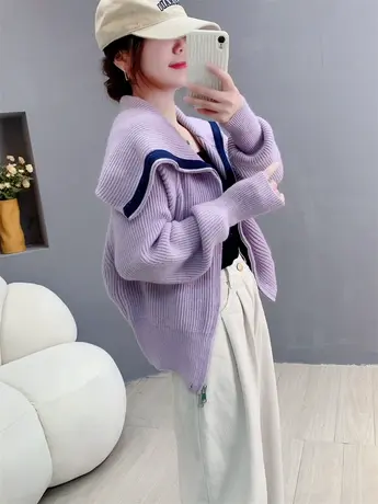 设计感大翻领拉链毛衣开衫女2023早秋新款女装韩版显瘦针织上衣潮图片