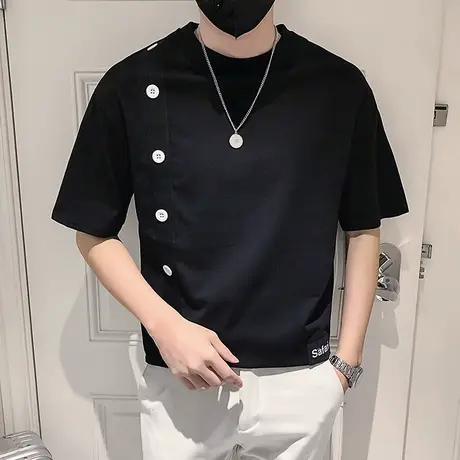 夏季短袖T恤男潮牌排扣上衣半截袖男装2023新款夏装日系半袖体恤商品大图