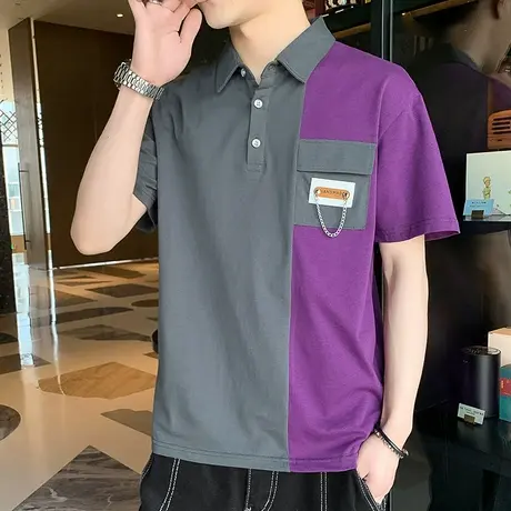 潮牌拼接撞色翻领短袖t恤男潮流宽松半袖纯棉polo衫夏季休闲上衣T图片