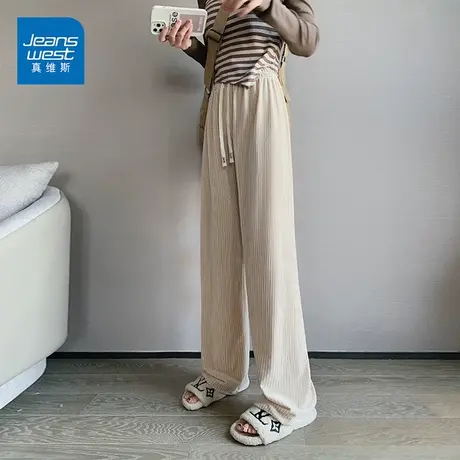 真维斯丝绒阔腿裤女2022秋季新款垂顺高腰遮肉柔软耐磨抽绳直筒裤商品大图