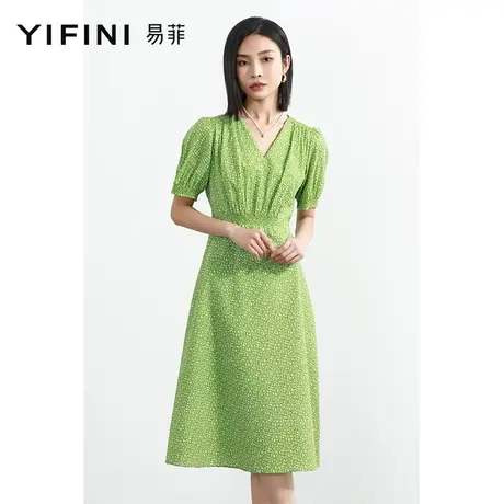 Yifini/易菲高腰短袖V领优雅气质印花中长款连衣裙女2023夏季新款图片