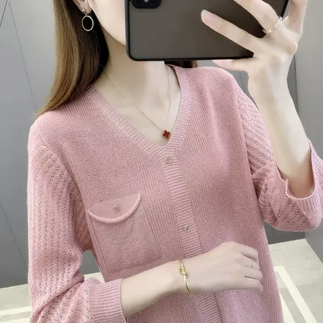春装新款女V领冰丝针织衫2025爆款洋气宽松春秋薄款七分袖女上衣商品大图