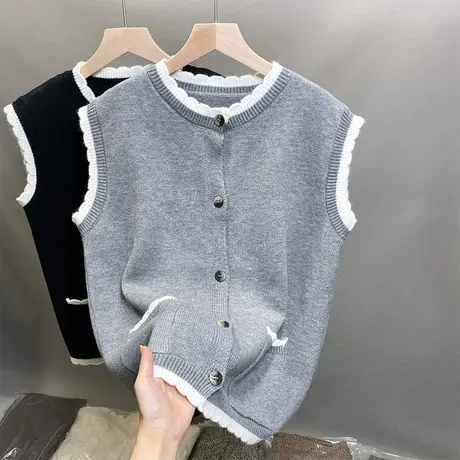 2023秋装新款女装圆领无袖毛衣拼色时尚针织上衣马甲开衫背心坎肩商品大图