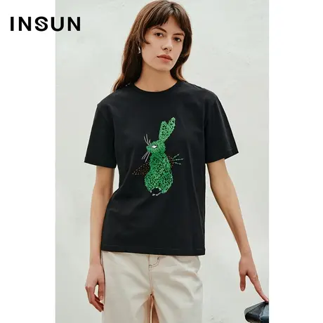 INSUN恩裳线上专选夏季兔子印花纯棉短袖T恤图片