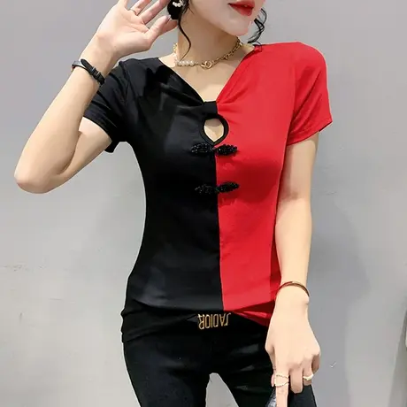 2024夏季新款复古拼色T恤女短袖盘扣洋气改良上衣性感镂空小衫ins商品大图