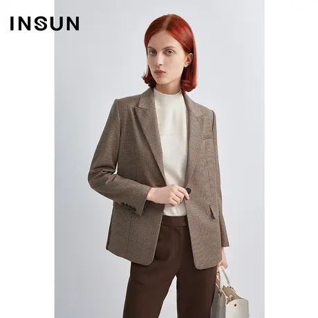 INSUN恩裳冬季多色格纹一粒扣羊毛西装外套图片