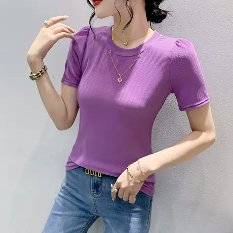 时尚圆领短袖T恤女ins潮洋气纯色百搭简约小衫设计感项链上衣夏装商品大图
