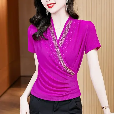 性感交叉V领短袖T恤女士夏季2024新款时尚洋气烫钻上衣修身小衫潮图片