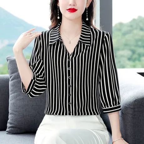 2023夏季新款条纹中袖衬衣别致洋气好看雪纺衬衫女七分袖显瘦小衫图片