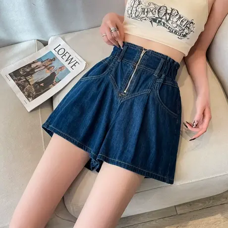 胖mm大码冰丝牛仔短裤女春夏松紧腰a字百褶裙裤宽松五分阔腿裤裙商品大图