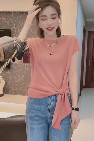 2023夏季新款纯色T恤女系带冰丝上衣网红同款韩版百搭针织衫上衣图片