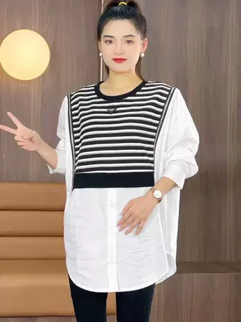 条纹减龄秋装女2023年新款遮肚子洋气小衫别致假两件早秋长袖上衣商品大图