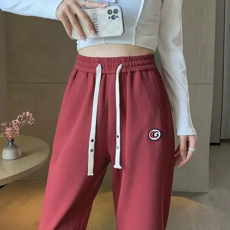 红色运动裤女2024春秋新款高腰直筒宽松显瘦休闲小个子哈伦萝卜裤商品大图