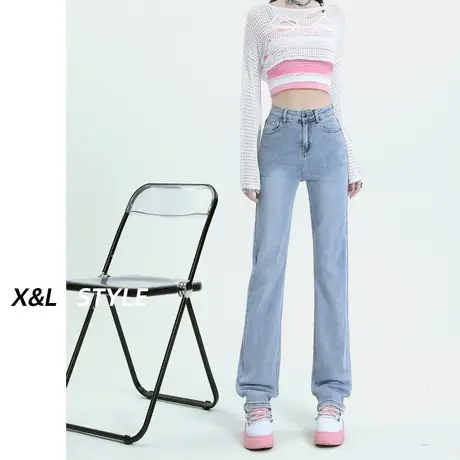 浅色直筒牛仔裤女秋2023年新款早秋小个子设计感显瘦高腰烟管裤子商品大图