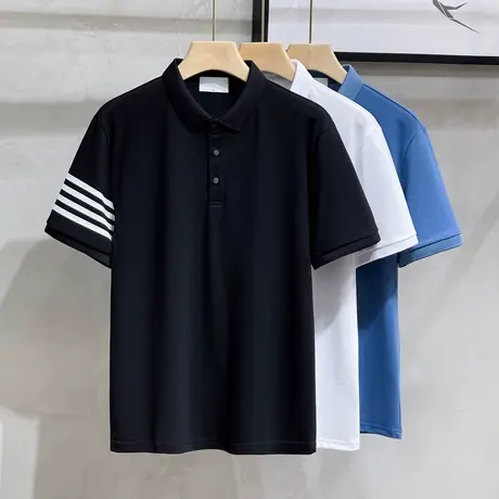 POLO衫男2023年夏季新款简约白色条纹男士翻领短袖t恤休闲通勤风商品大图