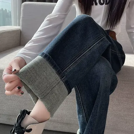 加绒阔腿牛仔裤女2024年秋冬新款高腰宽松显瘦复古加厚直筒长裤潮图片