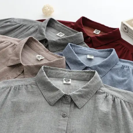 春秋季简约双层棉纱长袖衬衫女 文艺复古软糯亲肤小格子衬衣打底商品大图