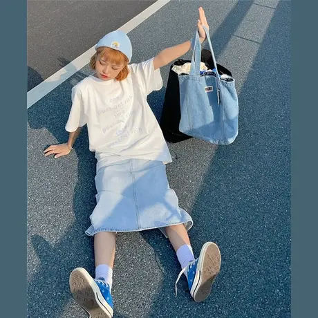 港风2023新款韩版字母宽松bf慵懒风盐系少女纯棉短袖T恤女上衣ins图片