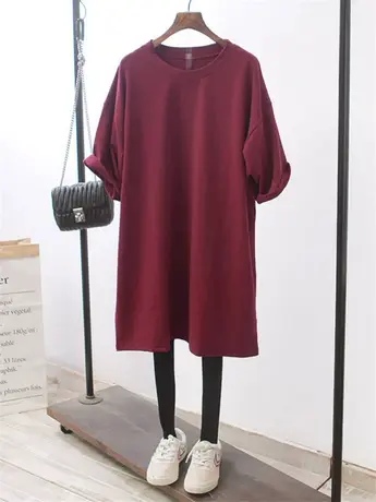 韩国简约韩范宽松春秋2021新款七分袖t恤中长款卫衣裙女连衣裙潮图片