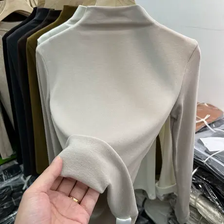 欧货气质半高领加薄绒磨毛长袖T恤女2023秋冬新款内搭打底衫上衣商品大图