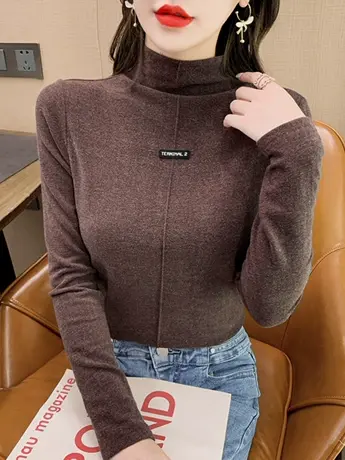 德绒加厚半高领打底衫女秋冬内搭洋气保暖上衣磨毛修身长袖t恤潮商品大图