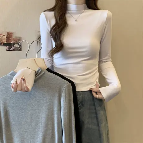 短款小个子T恤长袖女秋冬德绒加绒加厚保暖半高领褶皱打底衫上衣商品大图