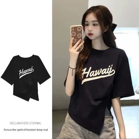 韩版chic新款不规则t恤女ins大码纯欲风辣妹短袖ins潮洋气上衣夏商品大图