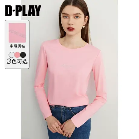 DPLAY【惠品】打底神器|樱花粉圆领字母烫钻长袖T恤打底衫商品大图