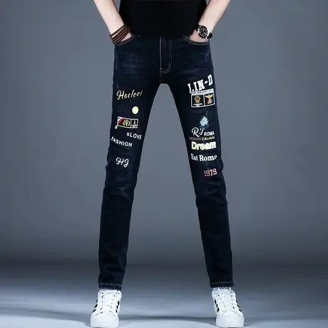 美式高街裤子男秋冬款男士潮牌印花牛仔裤男款小脚修身时尚欧洲站商品大图