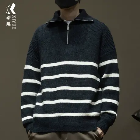 2023秋冬半拉链高领毛衣男宽松大码撞色条纹针织衫日系重磅上衣服商品大图