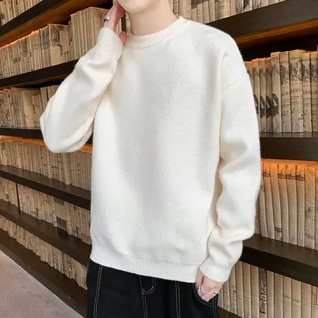 白色毛衣男秋冬季宽松加绒加厚线衣针织衫男士保暖百搭上衣打底衫商品大图