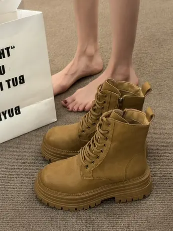 欧洲站厚底马丁靴秋季2023新款短筒系带英伦风休闲百搭机车靴子潮图片