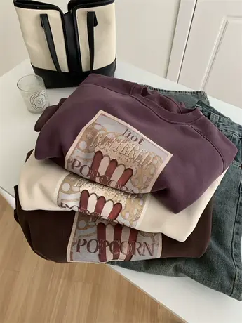 美式复古印花加绒卫衣外套女2023冬季重磅加厚摇粒绒圆领套头上衣商品大图