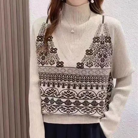 复古假两件半高领加厚毛衣女2023冬季新款爆款内搭针织打底衫洋气图片