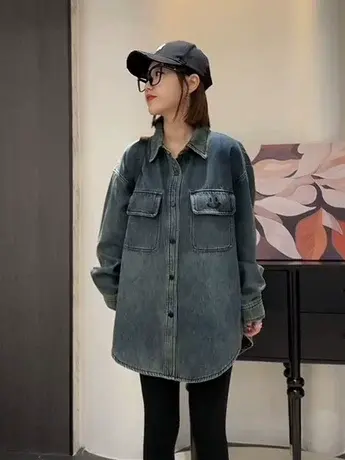 秋冬内搭衬衣美式复古时尚洋气时髦打底衫港风加绒牛仔长袖衬衫女商品大图