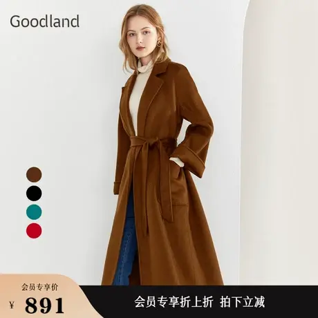Goodland美地女装冬季新年系列长款外套水波纹纯羊毛双面呢大衣商品大图