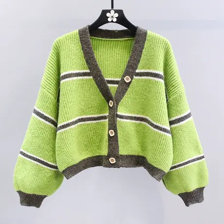 日系学院风撞色条纹毛衣外套女冬季2023新款宽松时尚短款针织开衫图片