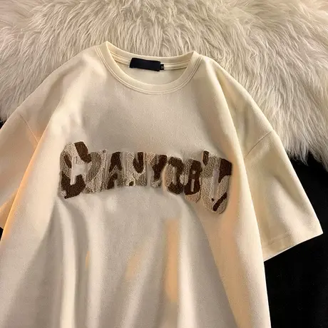 潮牌男士短袖t恤夏季百搭宽松半袖港风美式潮流字母刺绣纯棉体恤商品大图