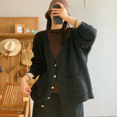 dza 复古宽松中长款V领毛衣外套女春秋外搭针织开衫上衣休闲长袖图片