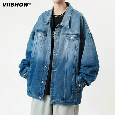 VIISHOW潮流美式复古做旧水洗渐变翻领牛仔外套高街休闲百搭夹克商品大图